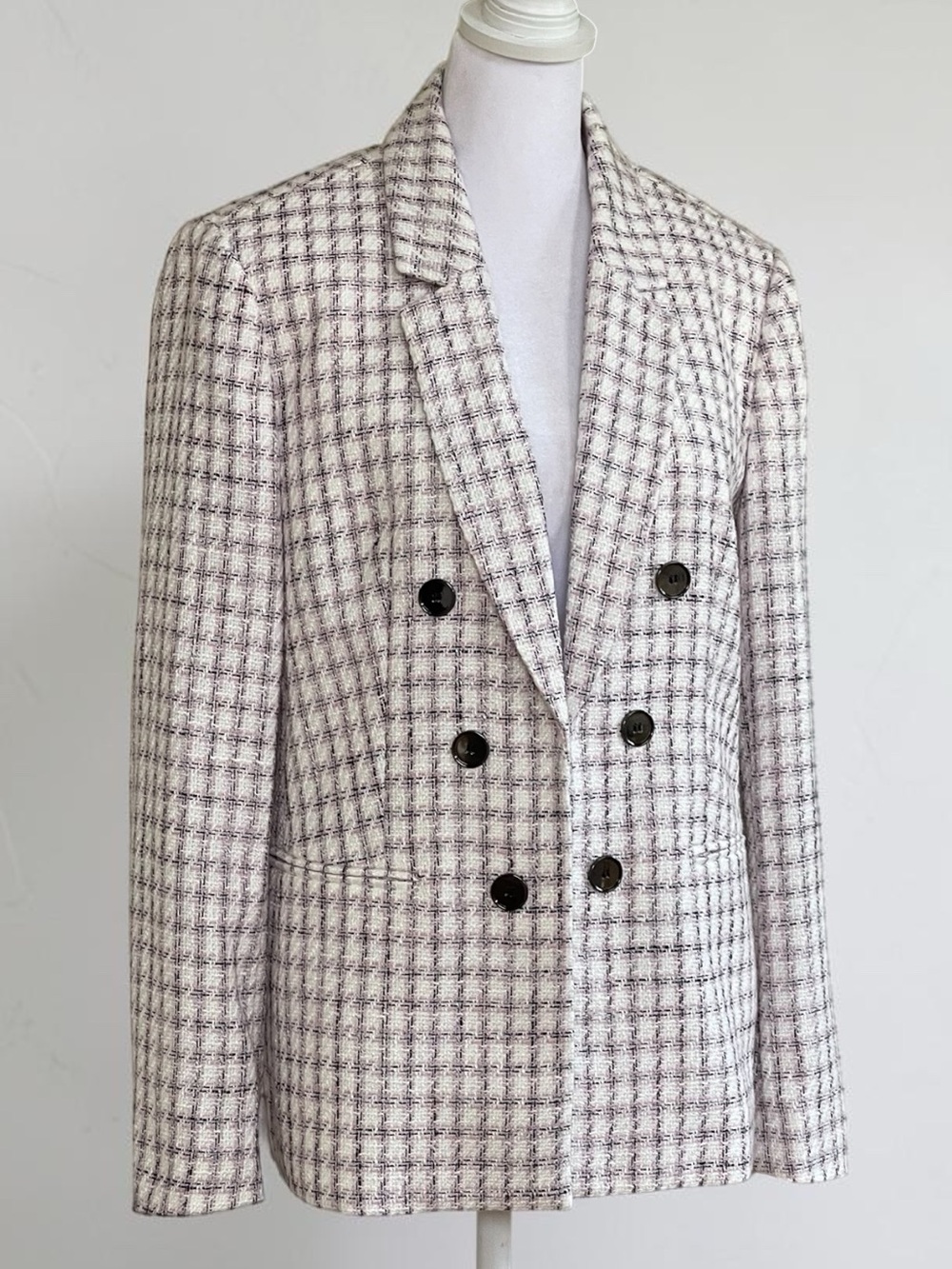 The Limited Double-Breasted Check Soft Tweed Blazer Cream Pink Black Sz L Lined
